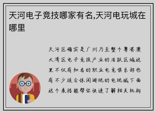 天河电子竞技哪家有名,天河电玩城在哪里
